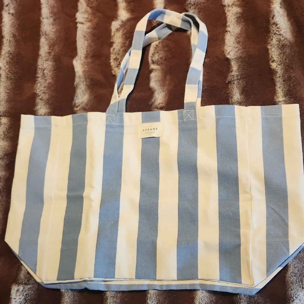 Sezane Striped Blue and Cream Tote Bag with Durable Handles